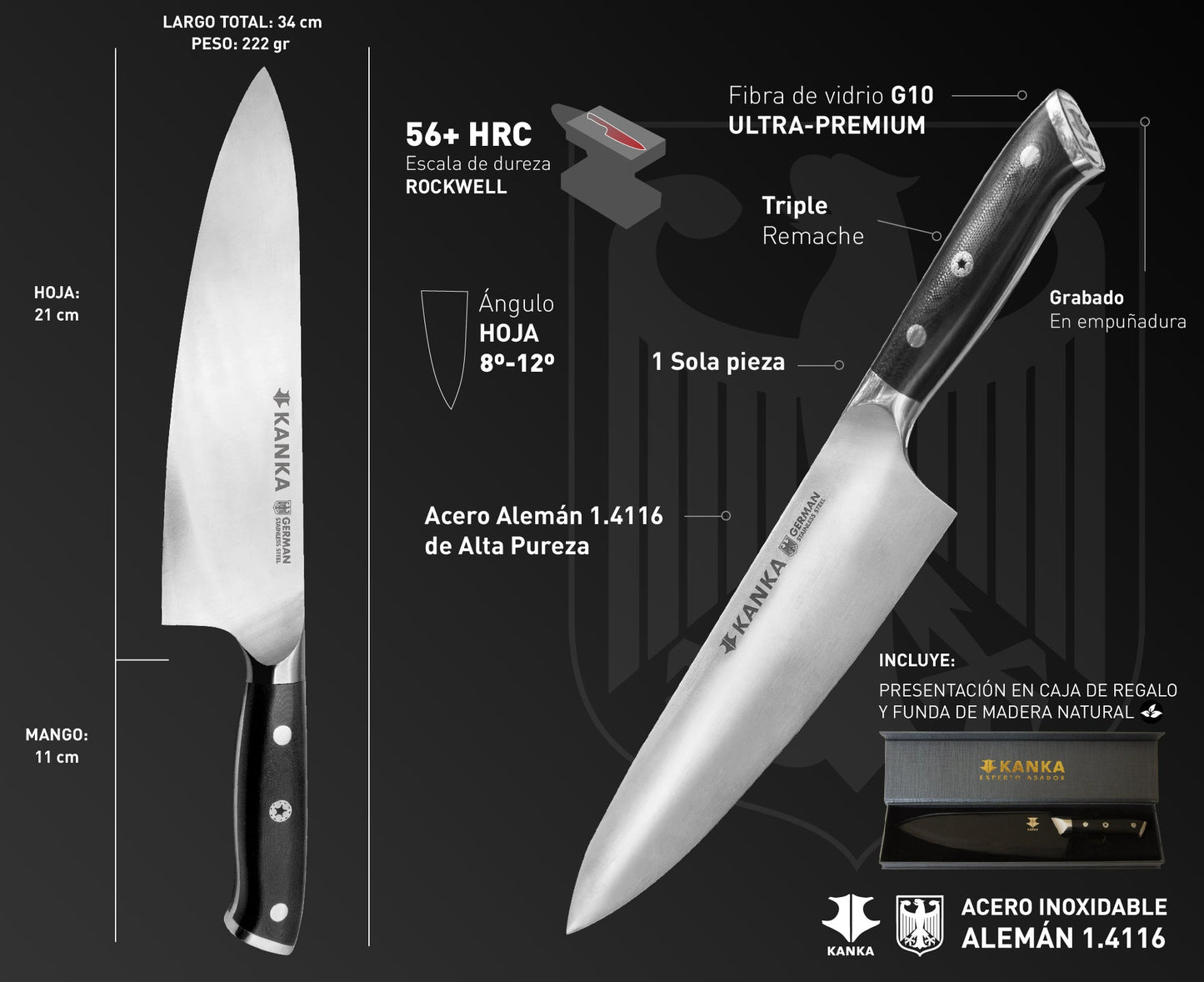 CUCHILLO CHEF 8" ACERO ALEMAN - KANKA.cl