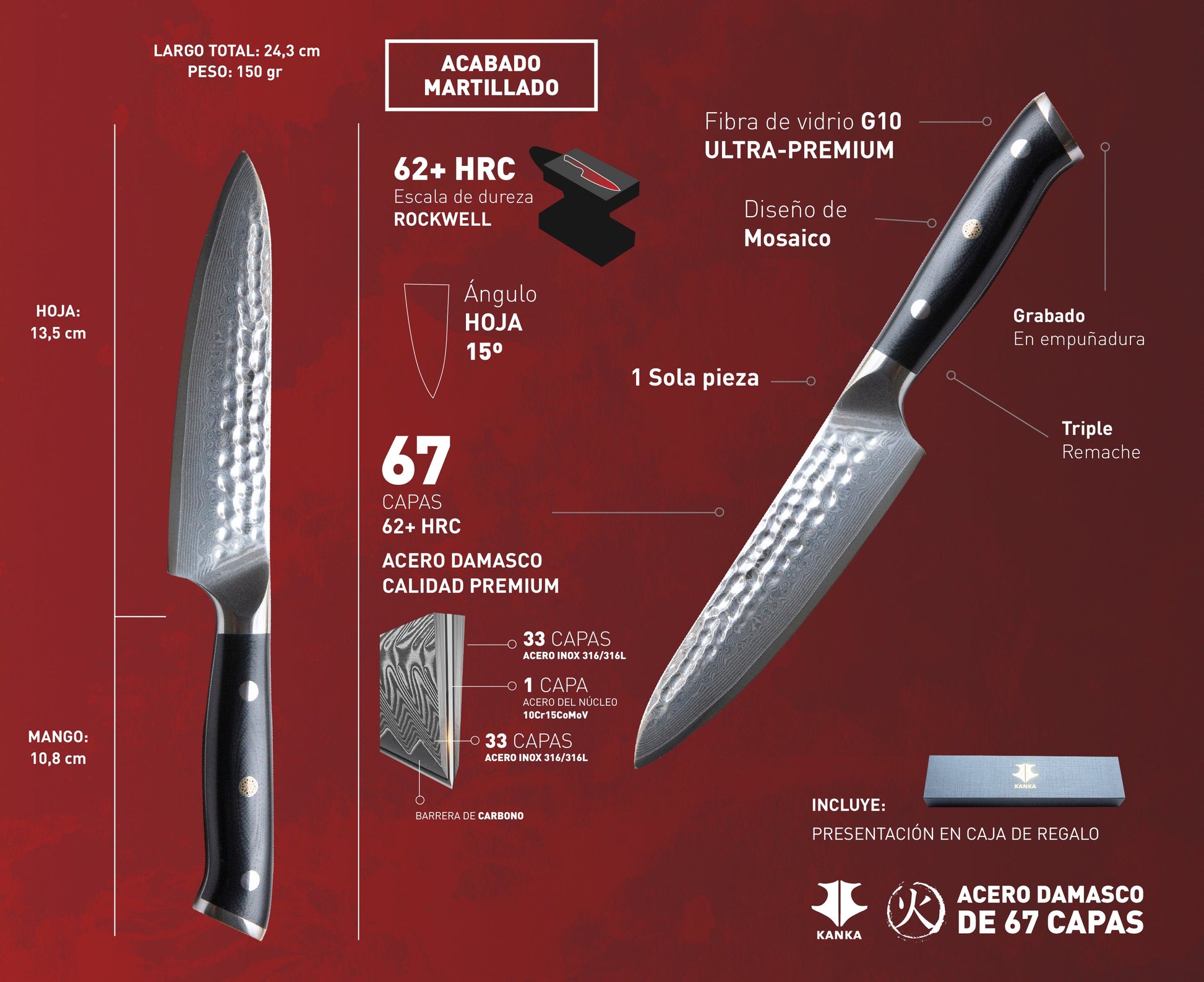Cuchillo Acero Damasco 7,6'' - Zero Knives Vg 10 Blanco